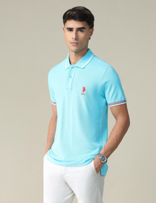 U.S. POLO ASSN. Self Design Men Polo Neck Blue T-Shirt