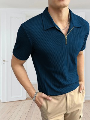 FARROWX Striped Men Polo Neck Blue T-Shirt