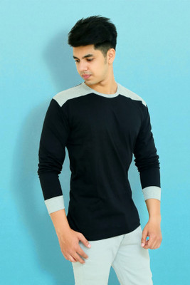 FARICON Solid Men Round Neck Black, Light Blue T-Shirt