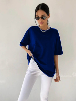 etsun Solid Women Round Neck Blue T-Shirt