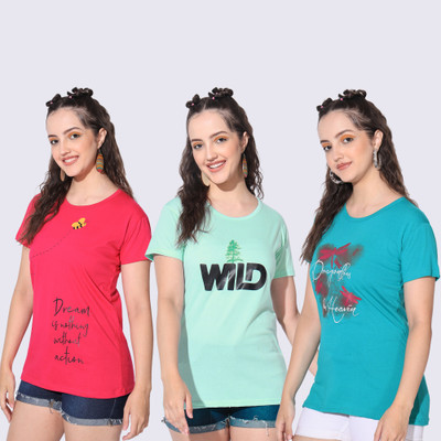 BUDAPEST Printed Women Round Neck Pink, Blue, Light Green T-Shirt