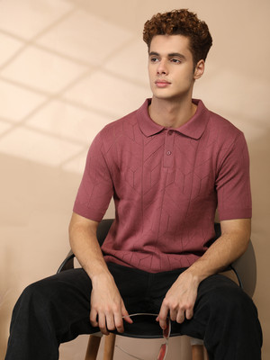Roadster Self Design Men Polo Neck Pink T-Shirt