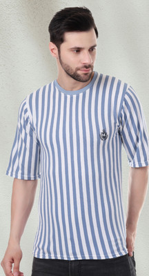 Marc Laurent Striped Men Round Neck Blue T-Shirt