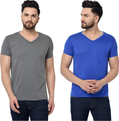 Tresna Fab Solid Men V Neck Blue, Grey T-Shirt