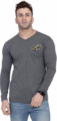 tfurnish Printed Men V Neck Grey T-Shirt