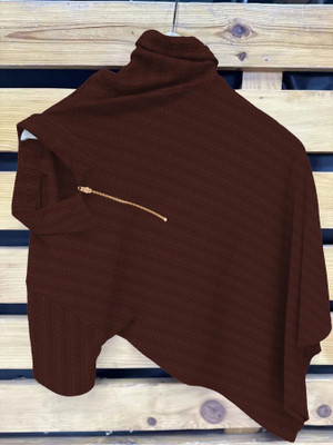 ytrick Self Design Men Zip Neck Brown T-Shirt