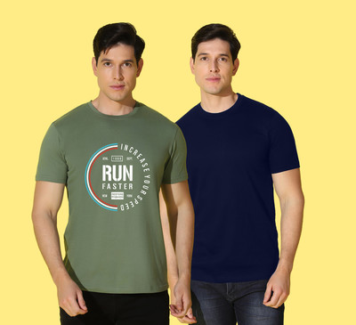 WOOSTRO Printed, Solid Men Round Neck Green, Dark Blue T-Shirt