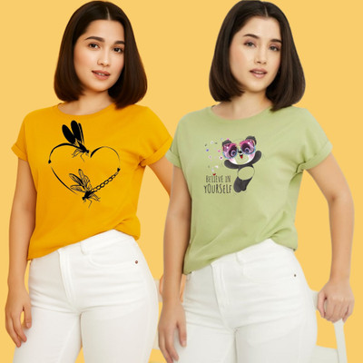 Kintu Parantu Printed Women Round Neck Yellow, Green T-Shirt