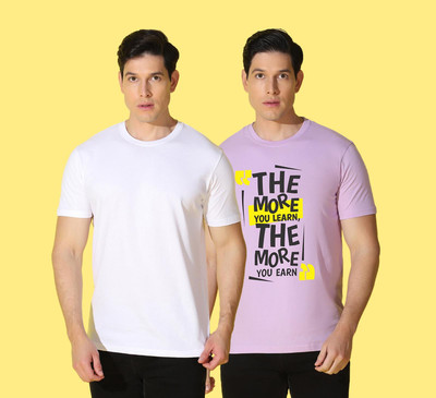 WOOSTRO Printed, Solid Men Round Neck Purple, White T-Shirt