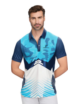 lookswala Printed Men Polo Neck Blue T-Shirt