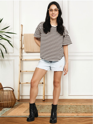 MACK JONNEY Striped Women Round Neck Beige, Black T-Shirt