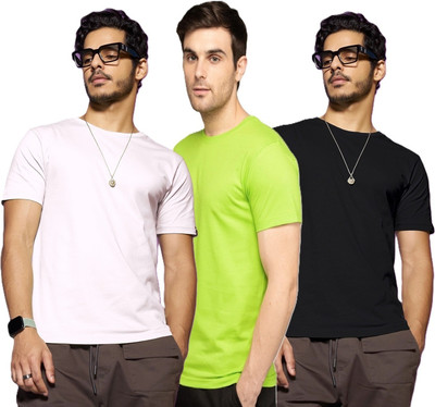 FIVEFEB Solid Men Round Neck White, Light Green, Black T-Shirt