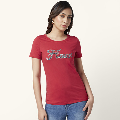 Honey By Pantaloons Typography, Floral Print Women Round Neck Maroon T-Shirt