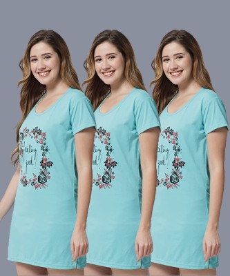 Fit N Fame Printed Women Round Neck Light Blue T-Shirt