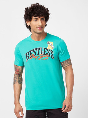 Spykar Typography Men Round Neck Green T-Shirt