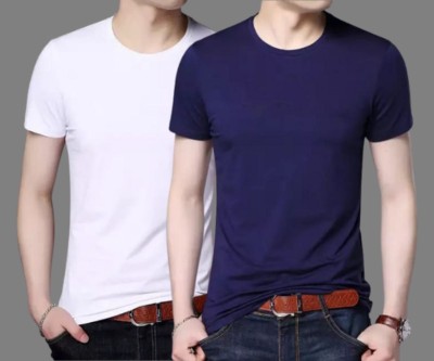 Povaxpo Solid Men Round Neck Blue, White T-Shirt