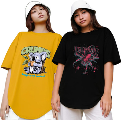 Xsware Printed Women Round Neck Yellow, Black T-Shirt