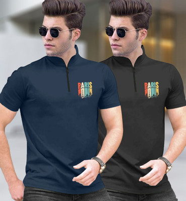 FastColors Printed Men Mandarin Collar Dark Blue, Black T-Shirt