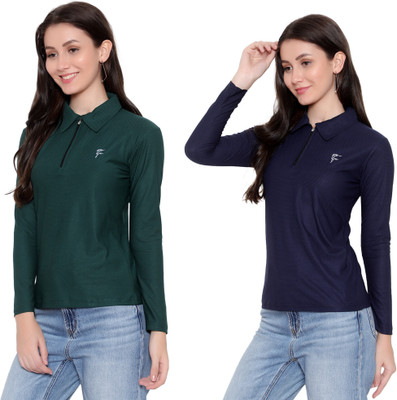 FASHA Solid Women Zip Neck Multicolor T-Shirt