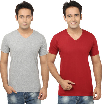 Tresna Trending Self Design, Solid Men V Neck Red, Grey T-Shirt
