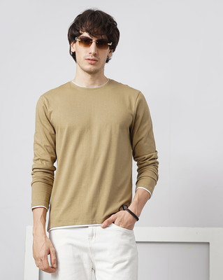 GENOA Solid Men Round Neck Brown T-Shirt