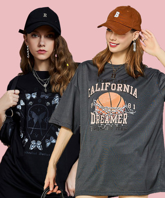 GRAND MALBORK Printed Women Round Neck Black, Grey T-Shirt