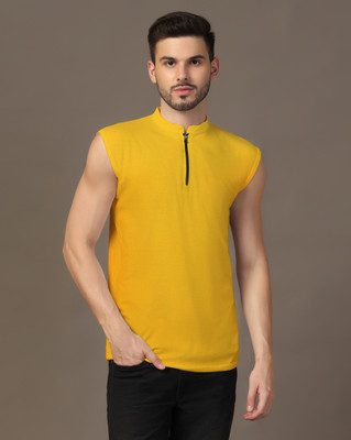 Money Leaf Solid Men Mandarin Collar Yellow T-Shirt
