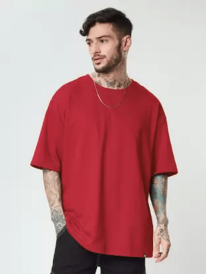 Lasmo Solid Men Round Neck Maroon T-Shirt