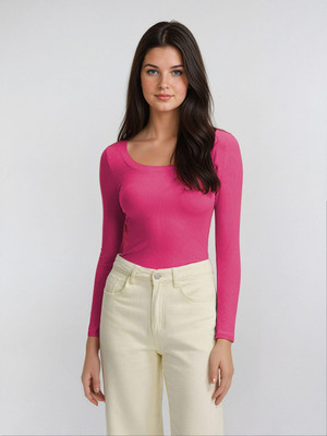 KOTTY Solid Women Scoop Neck Pink T-Shirt