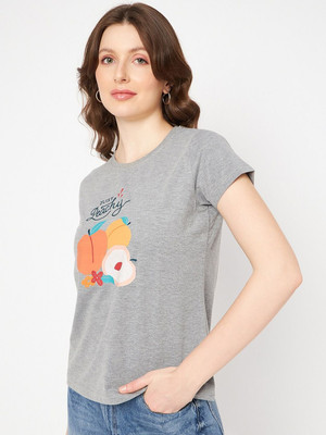 Mast & Harbour Printed Women Round Neck Grey T-Shirt