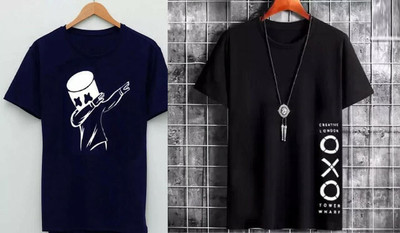 Printed Men Blue, Black T-Shirt(Pack of 2)