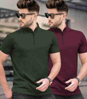 R S Fashion Trend Solid Men Zip Neck Maroon, Dark Green T-Shirt
