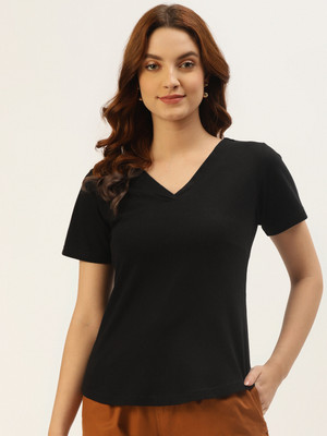 BRINNS Solid Women V Neck Black T-Shirt