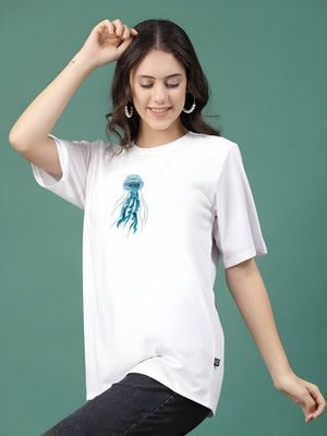 Kaido Self Design Women Round Neck White T-Shirt