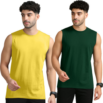 Adorbs Solid Men Round Neck Yellow, Dark Green T-Shirt
