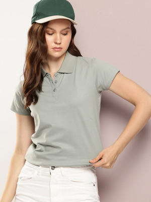 DILLINGER Solid Women Polo Neck Grey T-Shirt