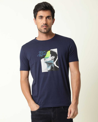 RARE RABBIT Printed Men Round Neck Navy Blue T-Shirt
