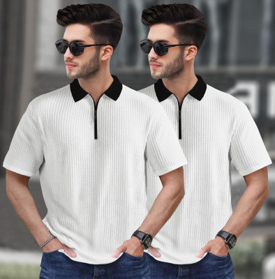 TRIPR Solid Men Polo Neck White, Black T-Shirt