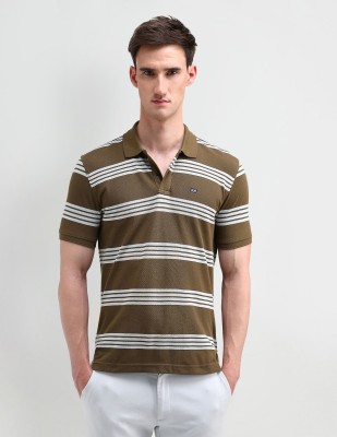 Arrow Sport Striped Men Polo Neck Brown, White T-Shirt