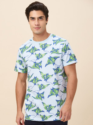 BEING HUMAN Printed Men Round Neck Light Blue, Green T-Shirt