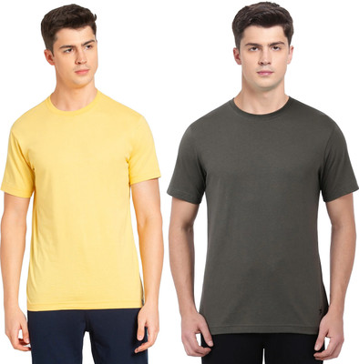 JOCKEY Solid Men Round Neck Yellow, Dark Green T-Shirt