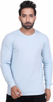 Joe Pollen Self Design Men Round Neck Light Blue T-Shirt