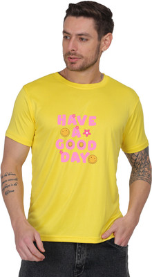AZAADGARMENT Printed Men Round Neck Yellow T-Shirt