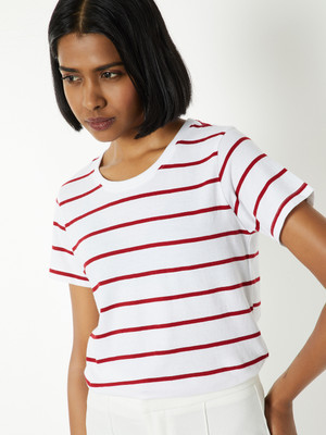 MAX Striped Women Round Neck White T-Shirt