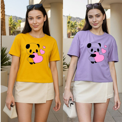 Herway Printed Women Round Neck Yellow, Purple T-Shirt