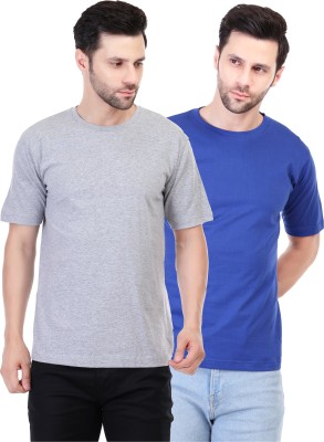 Fabarroe Solid Men Round Neck Grey, Dark Blue T-Shirt