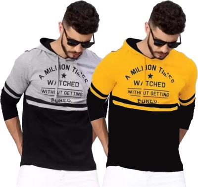 RMLKN Printed Men Hooded Neck Grey, Yellow T-Shirt