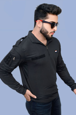 AZYXREN Self Design Men Zip Neck Black T-Shirt