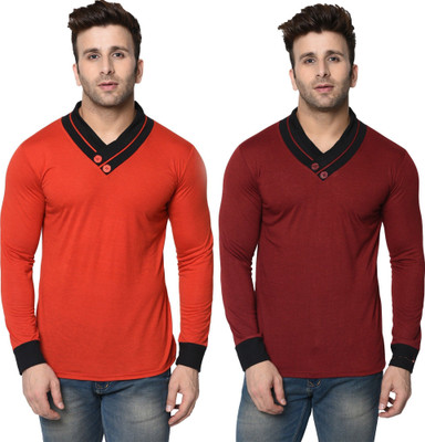 Adorbs Trend Colorblock Men Shawl Neck Red, Maroon T-Shirt