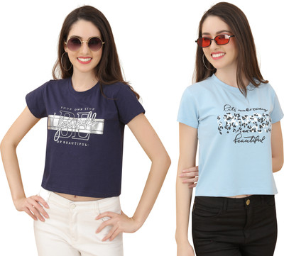 vfesta Typography Women Round Neck Blue, Dark Blue T-Shirt